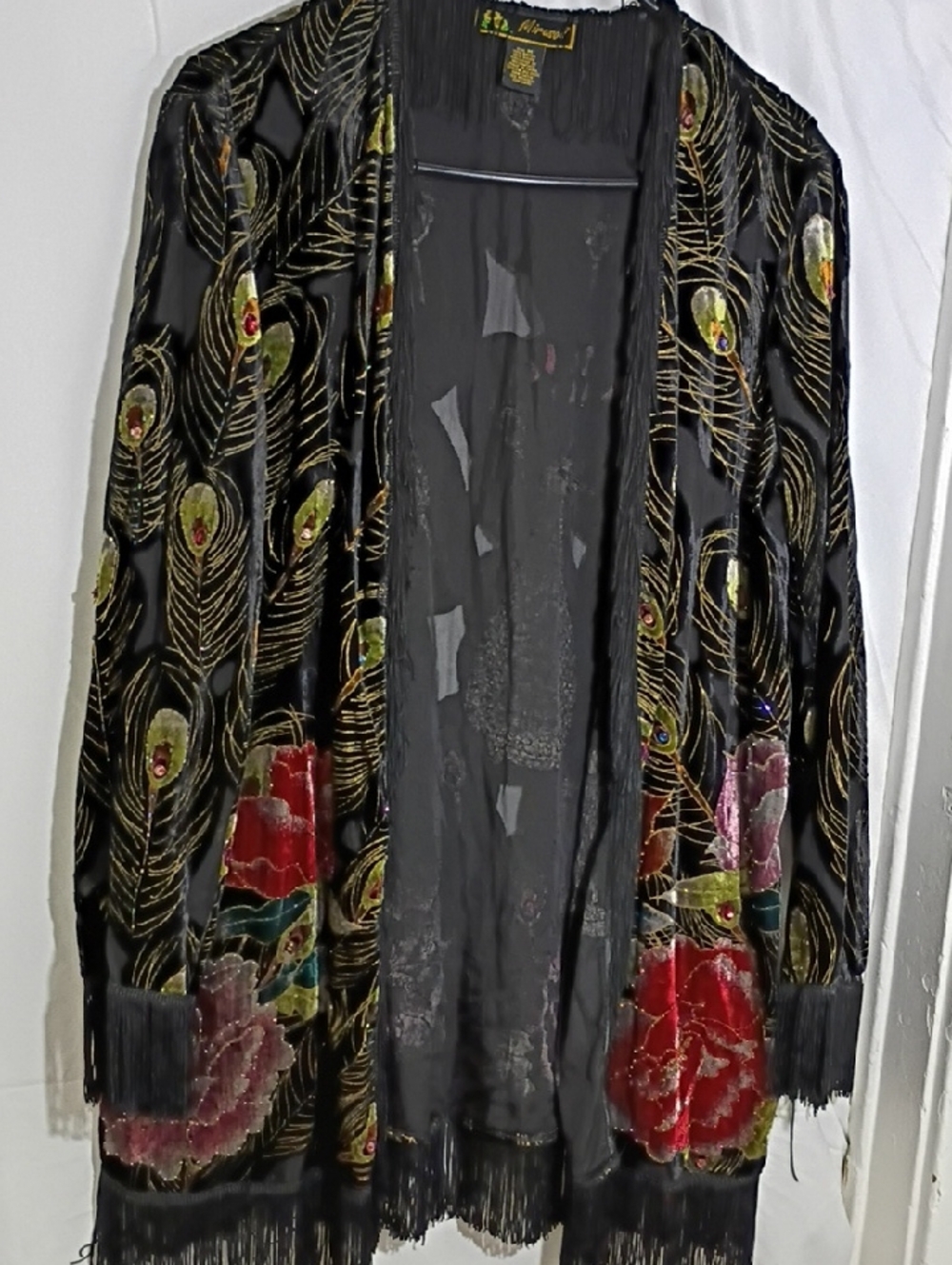 Mirasol Black Velvet Peacock & Floral Embroidered Fringe Jacket